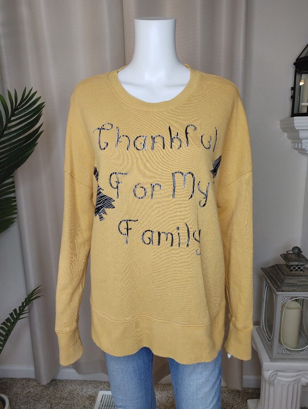 TIME AND TRU THANKSGIVING SWEATSHIRT, MUSTARD YELLOW L